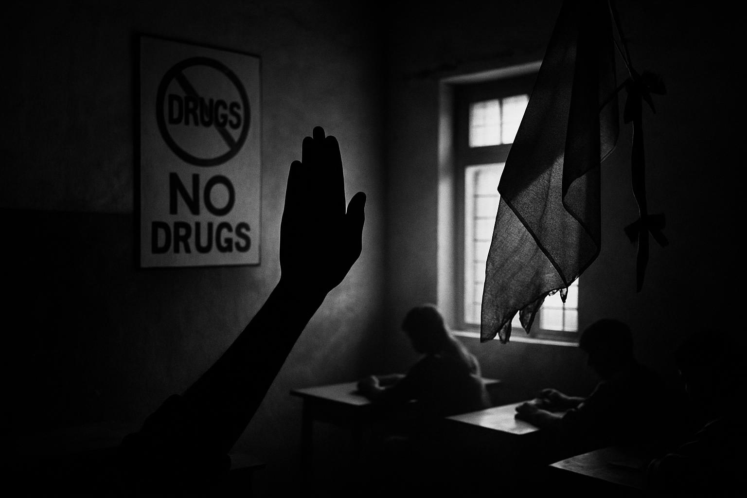Grayscale editorial illustration: A 100-Week Sunday Pledge To Build Drug-Free Campuses