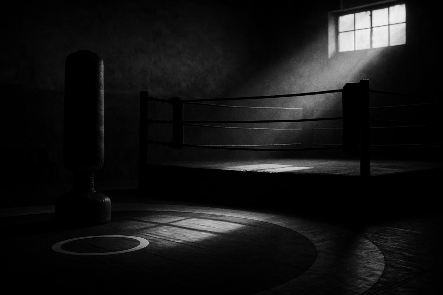Grayscale editorial illustration: After Acquittal, Indian Wrestling Faces A Trust Test And Governance Audit