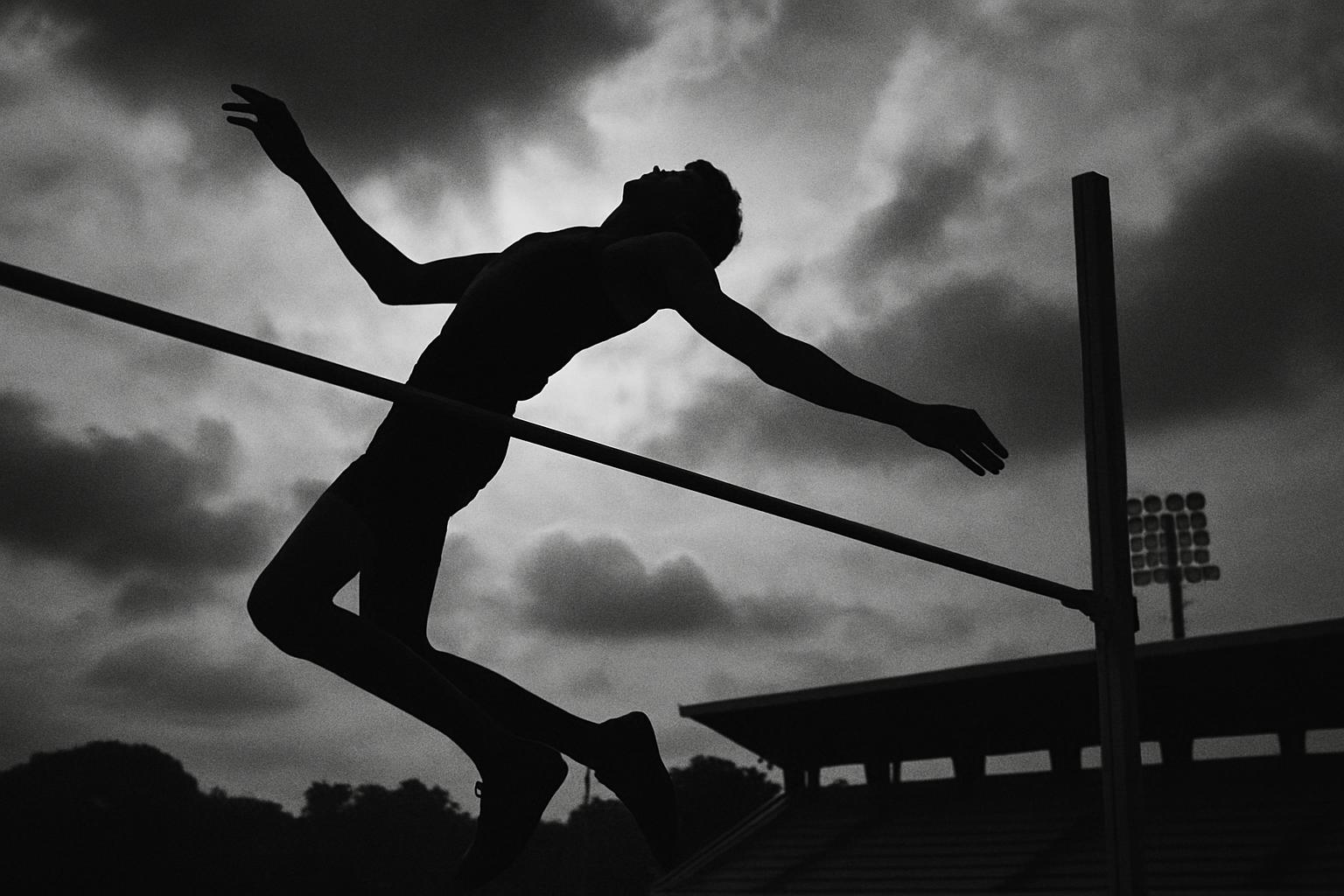 Grayscale editorial illustration: Basant Kumar Meghwal's 2.21 Jump Turns U20 Silver Into A Senior Signal