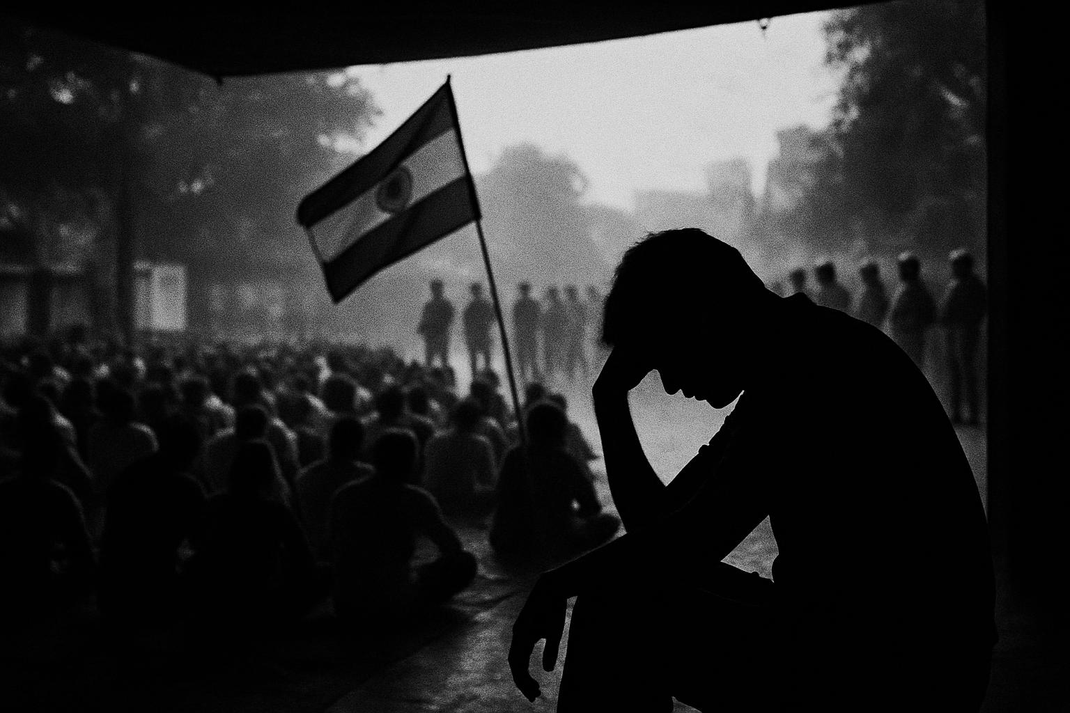 Grayscale editorial illustration: Jharkhand Exam Agitation Is A Stress Test For Hemant Soren