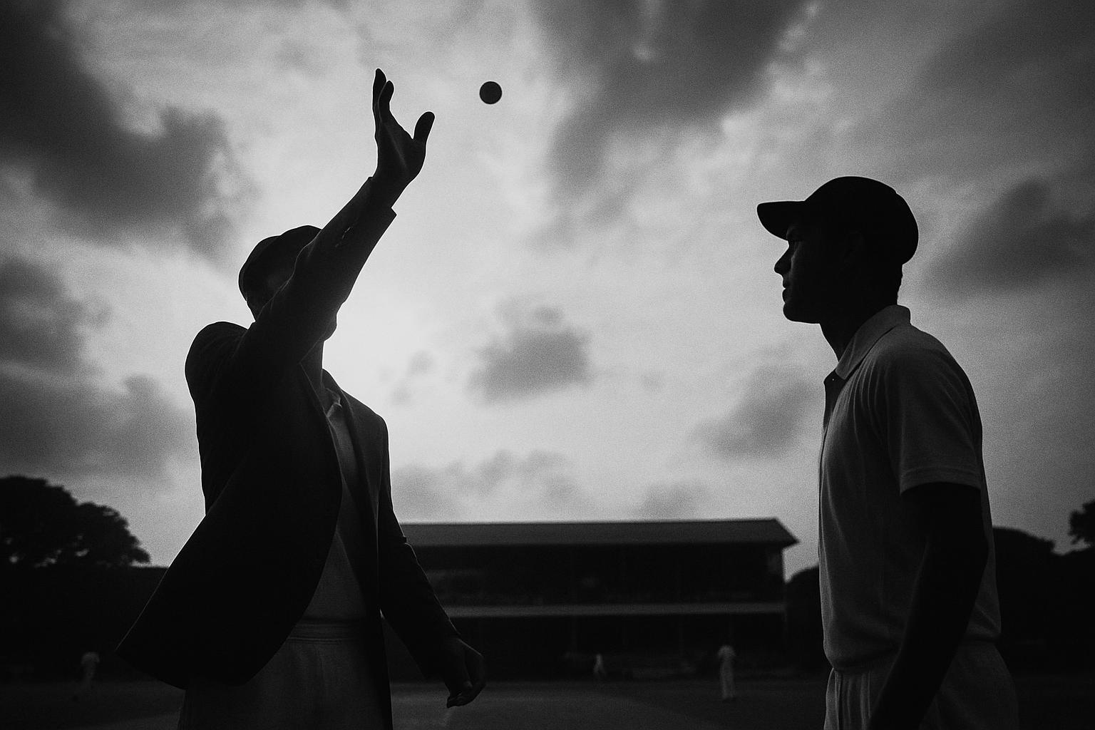 Grayscale editorial illustration: KL Rahul Takes Toss As Shubman Gill Sits Day 1, India Rehearses On The Fly