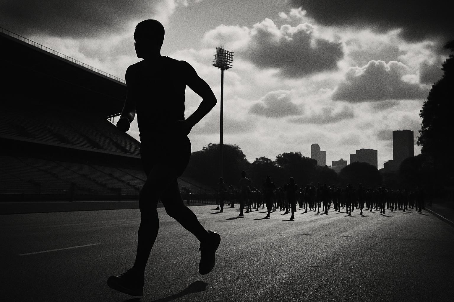 Grayscale editorial illustration: The Marathon Is Having a Moment