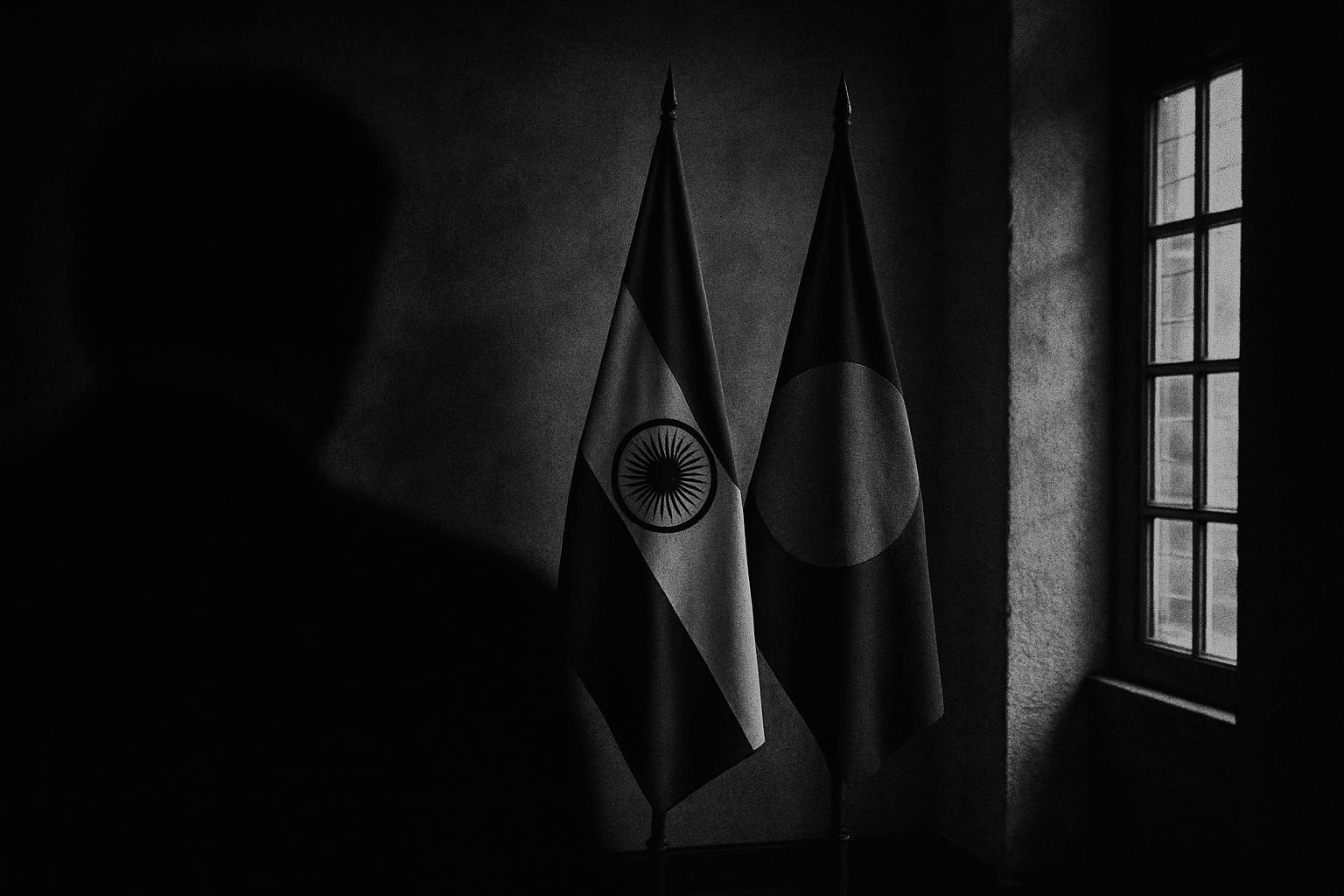 Grayscale editorial illustration: MEA Reiterates Distance From Hasina Presser, Firewalls Optics From Bilateral Ties