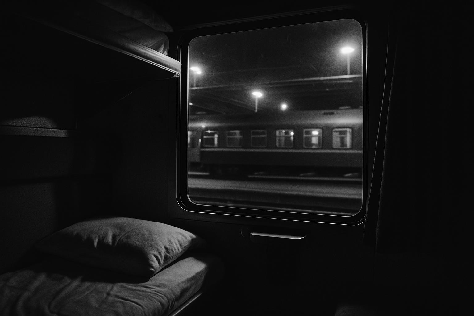 Grayscale editorial illustration: Letters From the Night Train: Europe Rediscovers Slow Travel