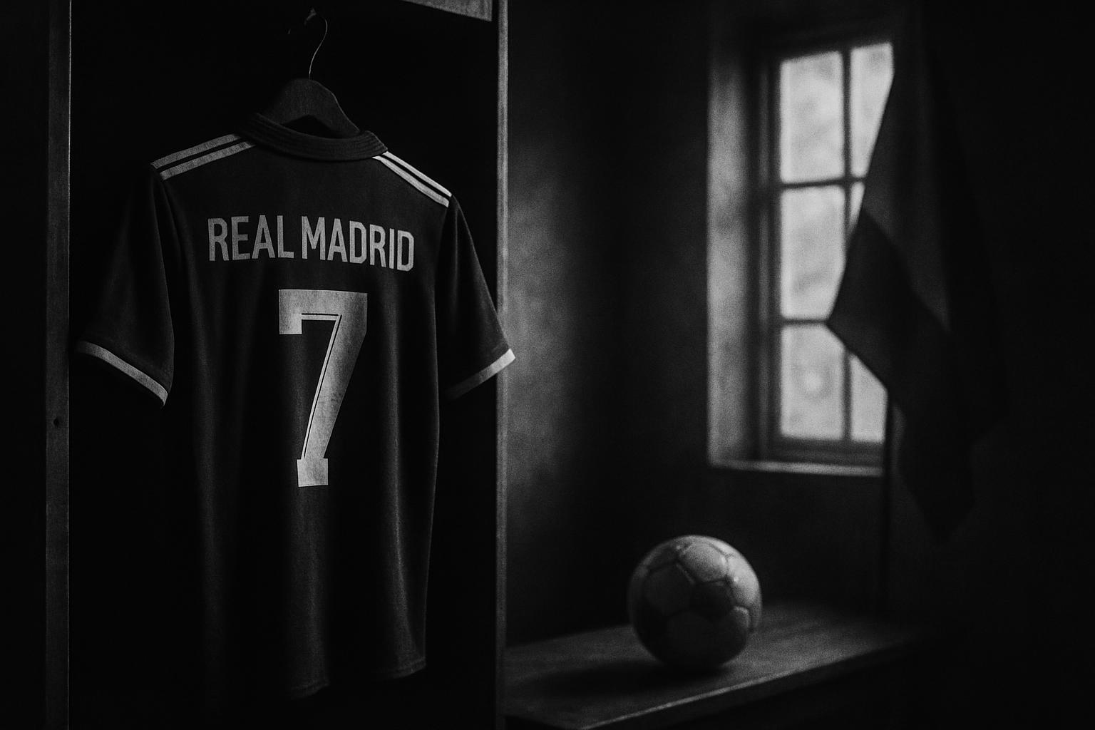Grayscale editorial illustration: Real Madrid Tie Vinicius Jr To 2032, A Vote For Continuity As Temptations Knock