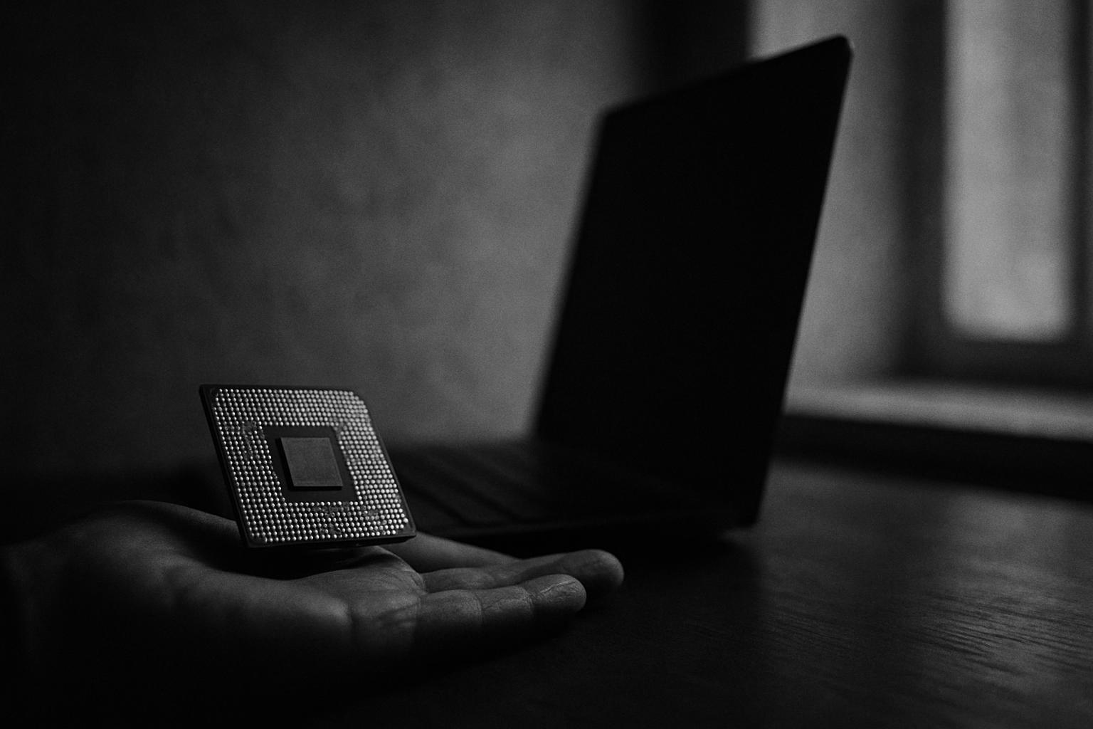 Grayscale editorial illustration: Small Models, Big Deal: The Case for Tiny AI